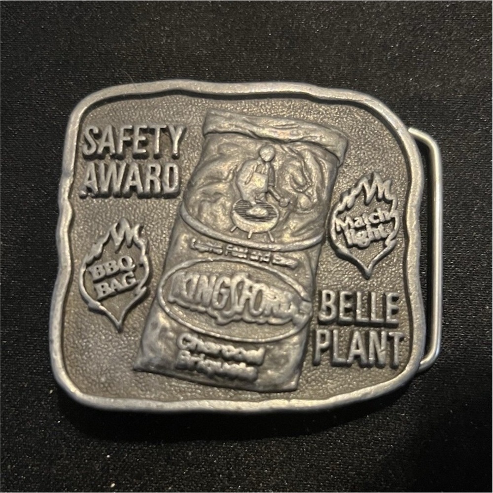 Vintage Kingsford Charcoal Belle Plant Safety Award Belt Buckle Pewter Tone BBQ